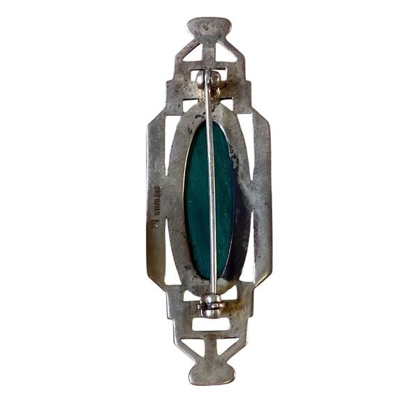 Vintage Sterling Silver Malachite Brooch Pin Green Gemstone Ornate Detail - Picture 2 of 4